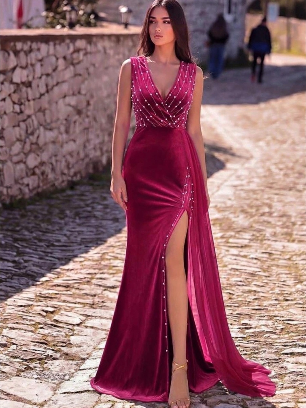 Burgundy & Pink Beaded Maxi Dress